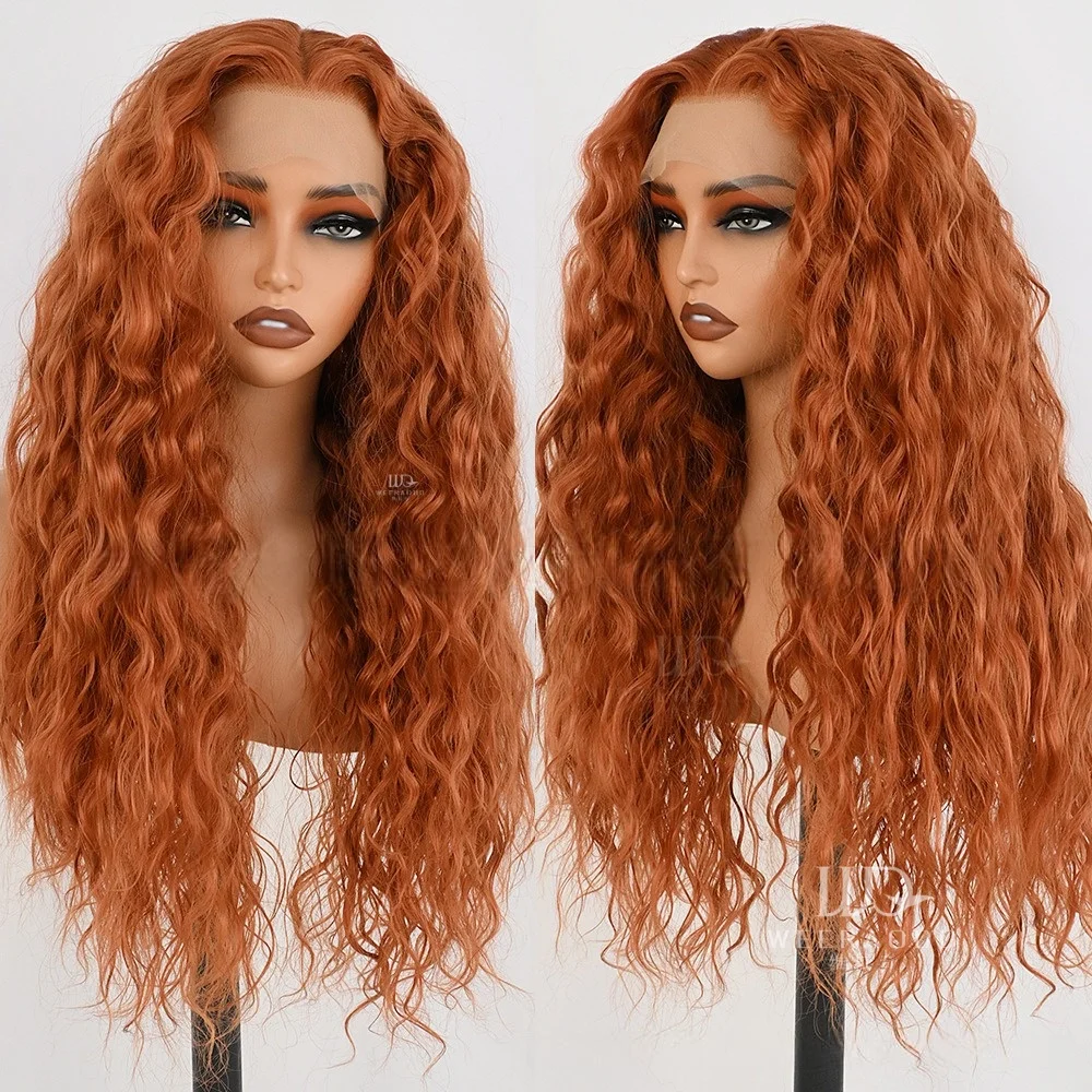28 Inch Water Wave Ginger Lace Front Wig 13x4 Lace Frontal Glueless Copper Red Heat Resistant Synthetic Hair Daily Cosplay Wig