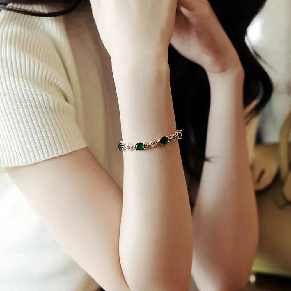Luxury Green Rhinestone Crystal Bracelet Gold Color Link Chain Bracelets For Women Vintage Party Wedding Bridal Jewelry Gifts image 2