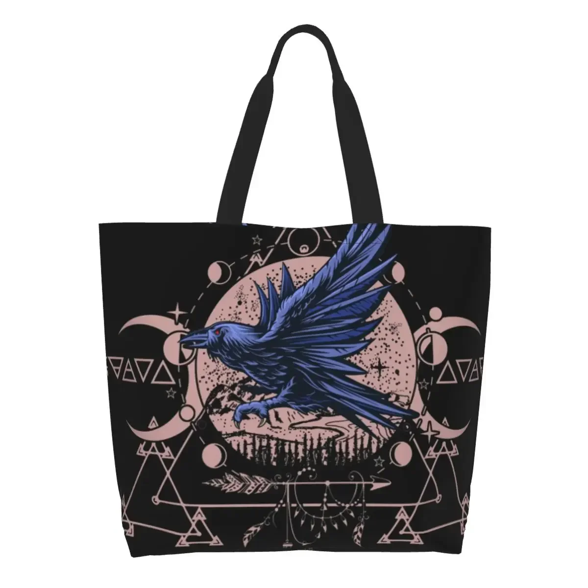 Custom Raven Wiccan Mandala Canvas Shopping Bags Women Reusable Large Capacity Grocery Tote Shopper Bags