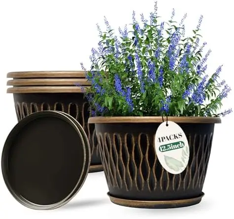 

4 упаковки 12-футовых горшков для растений в стиле ретро, в винтажную полоску с дренажем, пластиковые горшки для использования в помещении и на открытом воздухе (золото)