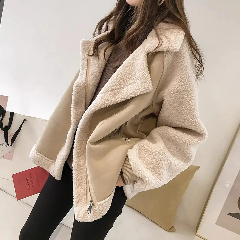 

Autumn Winter Women's Coats 2023 New Casual Loose Patchwork Outerwear Harem Korean Vintage Crop Pockets Lambhair Jacket Women