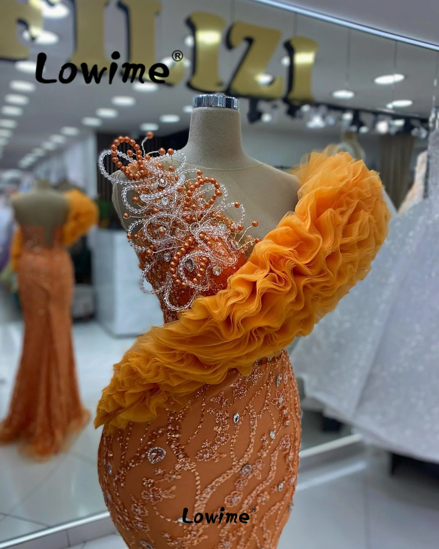 Orange Ruffles Mermaid Prom Dresses 2024 Long Aso Ebi Crystals Wedding Party Dress Robe De Soiree Beading Sequined Evening Gowns