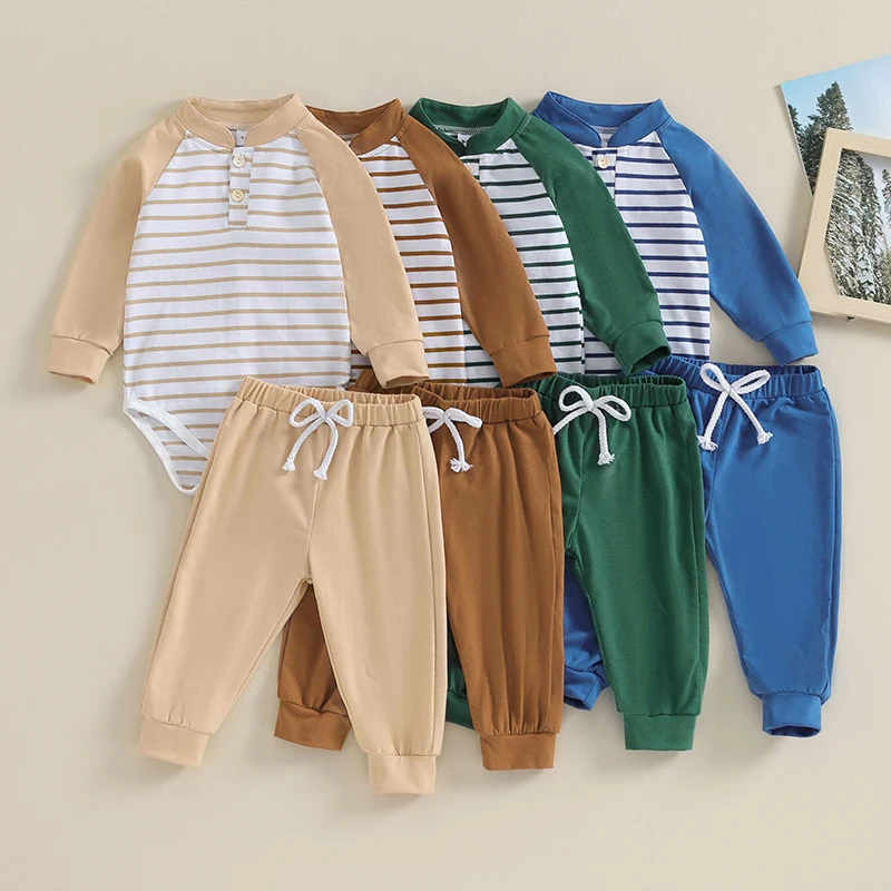 

0-18M Newborn Baby Boys Girls Fall Outfits Long Sleeve Striped Print Romper + Pants 2pcs Clothes Sets Casual Tracksuits