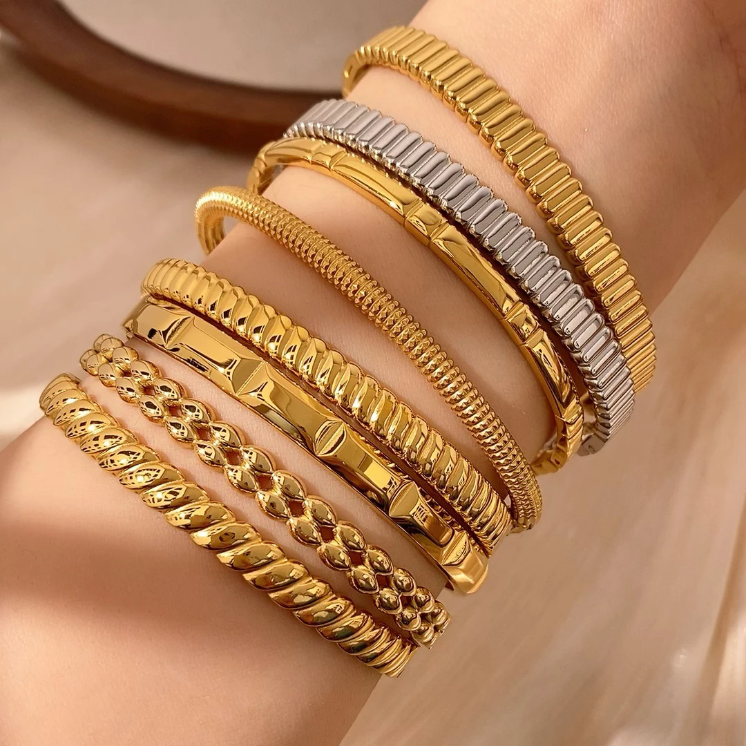 Neue Mode vergoldet minimalistische stapelbare Armreif Produkte Textur geometrische Edelstahl Armband für Frauen Mädchen Geschenk – Detail 3