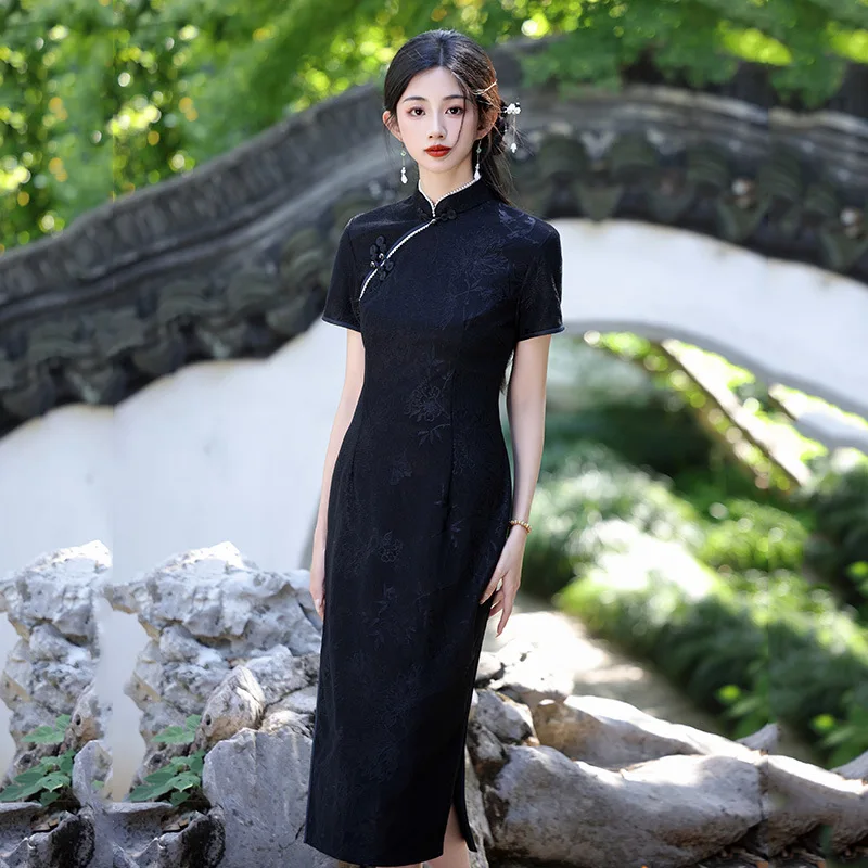 

New Chinese Style Improved Young Style Long Cheongsam 2025 Summer New Jacquard Print Retro Qipao Dress