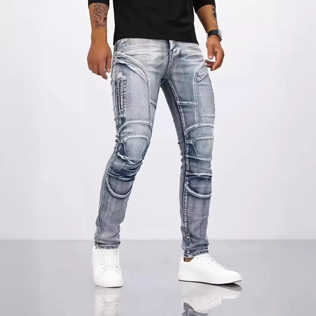 

Pencil Jeans Men Ankle Length Denim Pants Washed Ripped Jeans Spliced Patchwork Pockets Slim Fit Moto Biker High Waist Man
