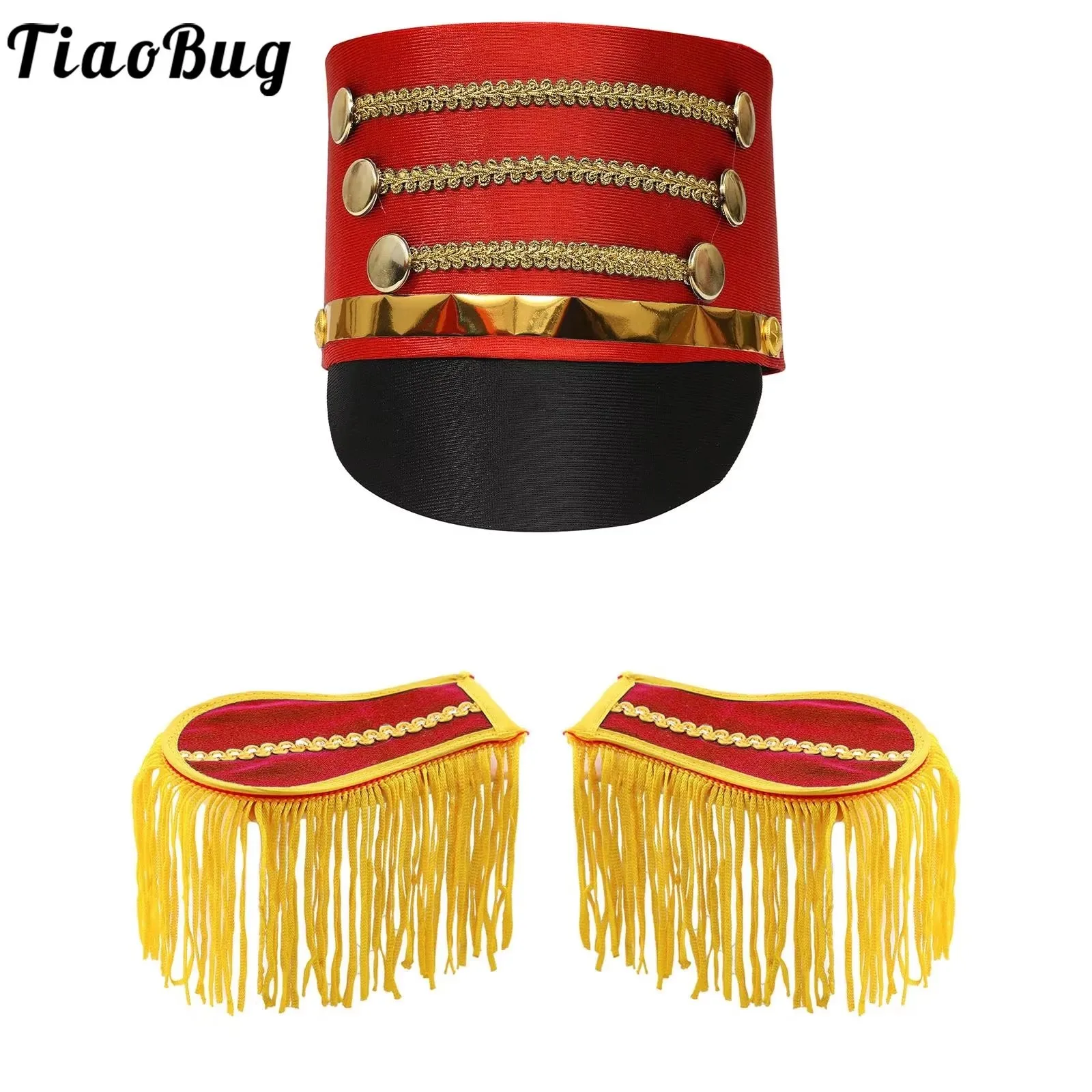 

Kids Adult Marching Band Hat Drum Team Hats Knight Cap with Tassel Shoulder Boards Epaulets Accessories Set for Cosplay Dress Up
