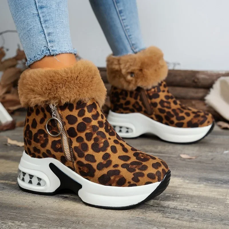 Female Shoes on Sale 2024 Winter Cold-proof and Warm Women's Leopard Print Boots Heightened Thick Sole Plus Size Ladies Shoes