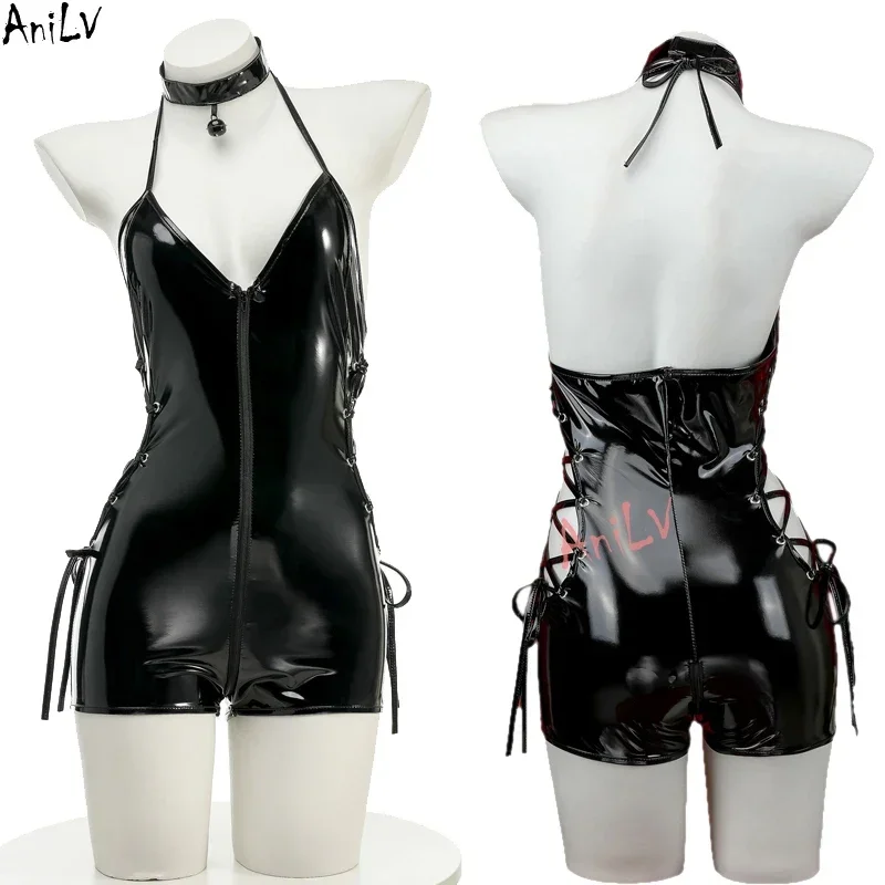 Anilv women V-neck halter leather jumpsuit waist cross strap bodysuit costumes cosplay