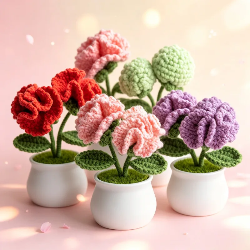Handmade Crochet Knitted Flowerpot Ornament Creative Wool Thread Roses Artificial Flowers for Office Car Decor