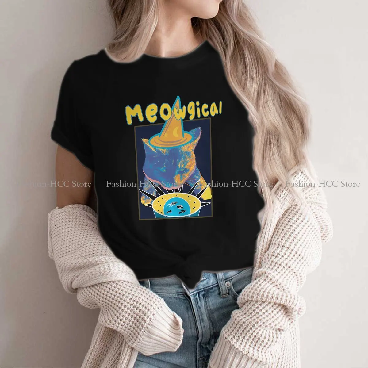 

Text and a Cat Wizard Hip Hop Polyester TShirt Dungeon Style Streetwear Leisure T Shirt Women