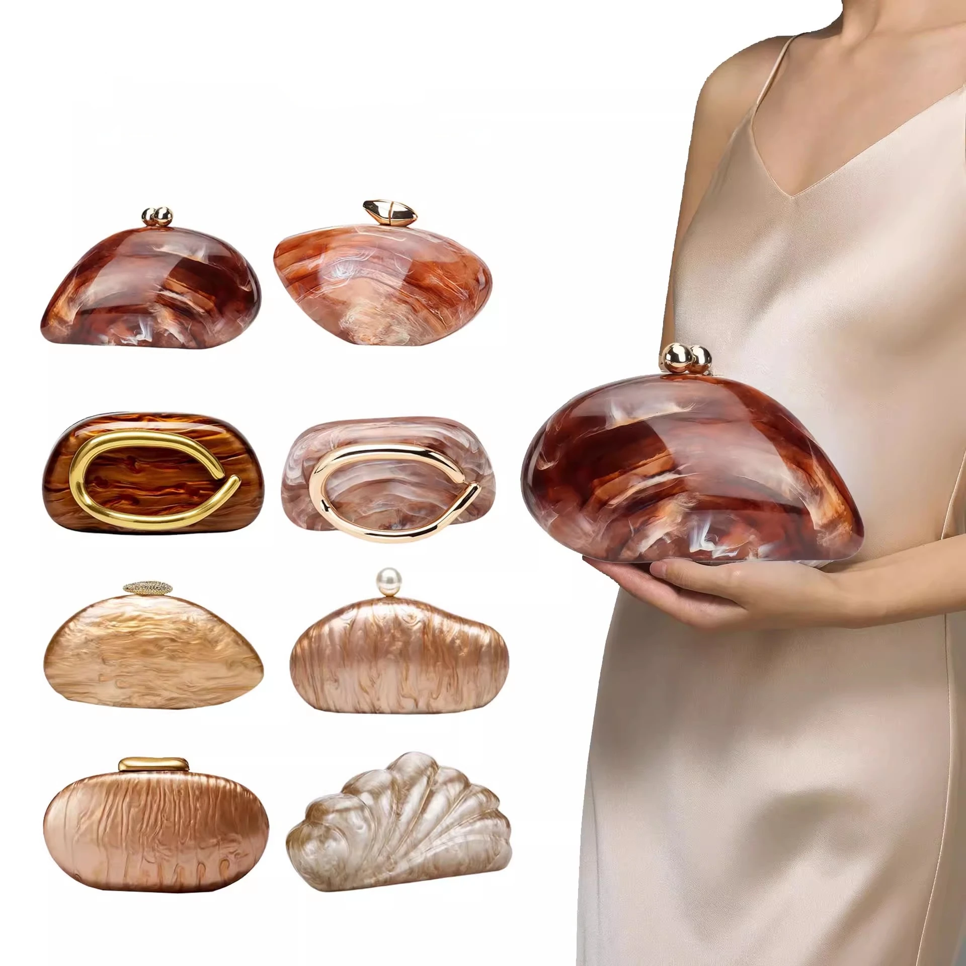 

New Fashion Women's Goose Egg Acrylic Phone Lipstick Handbag Adult Girls Color Brown Crossbody Bag Lady Wedding Banquet Handbag