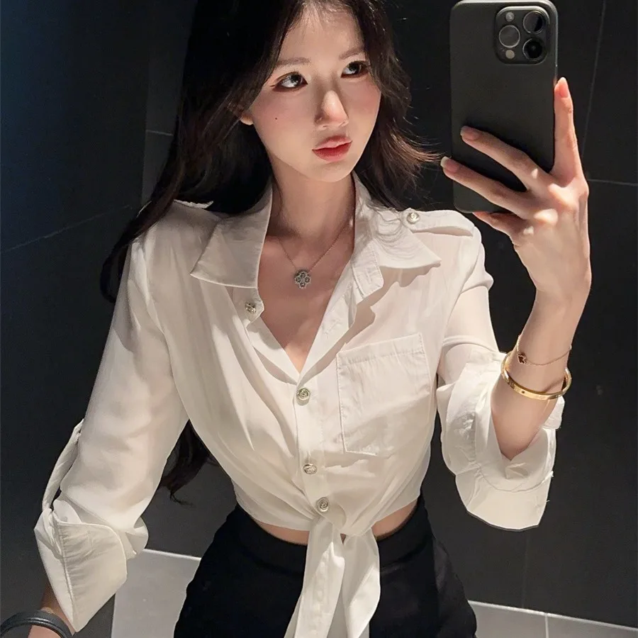Sexy Pure Desire Shirt And Black  Skirt Set Women's Fashion Autumn Collection White Waist-Cinching Belted  Color