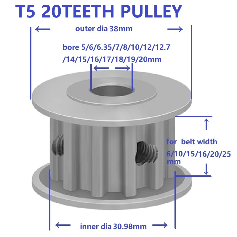 T5 20Teeth Belt Pulley Synchronous Wheel Timing Belt Width 10/15/20/25mm Bore Hole 5/6/8/10/12/14 Belt Pulley Machine Parts