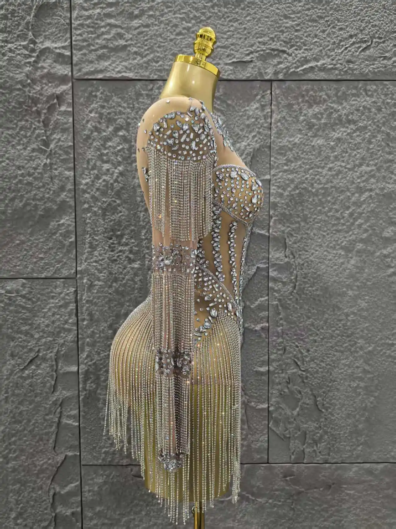 

Chic Women Sexy Mesh See Through Performance Dance Nightclub Rompers Singer Stage Outfit Sparkly Rhinestone Bodysuit Birthday