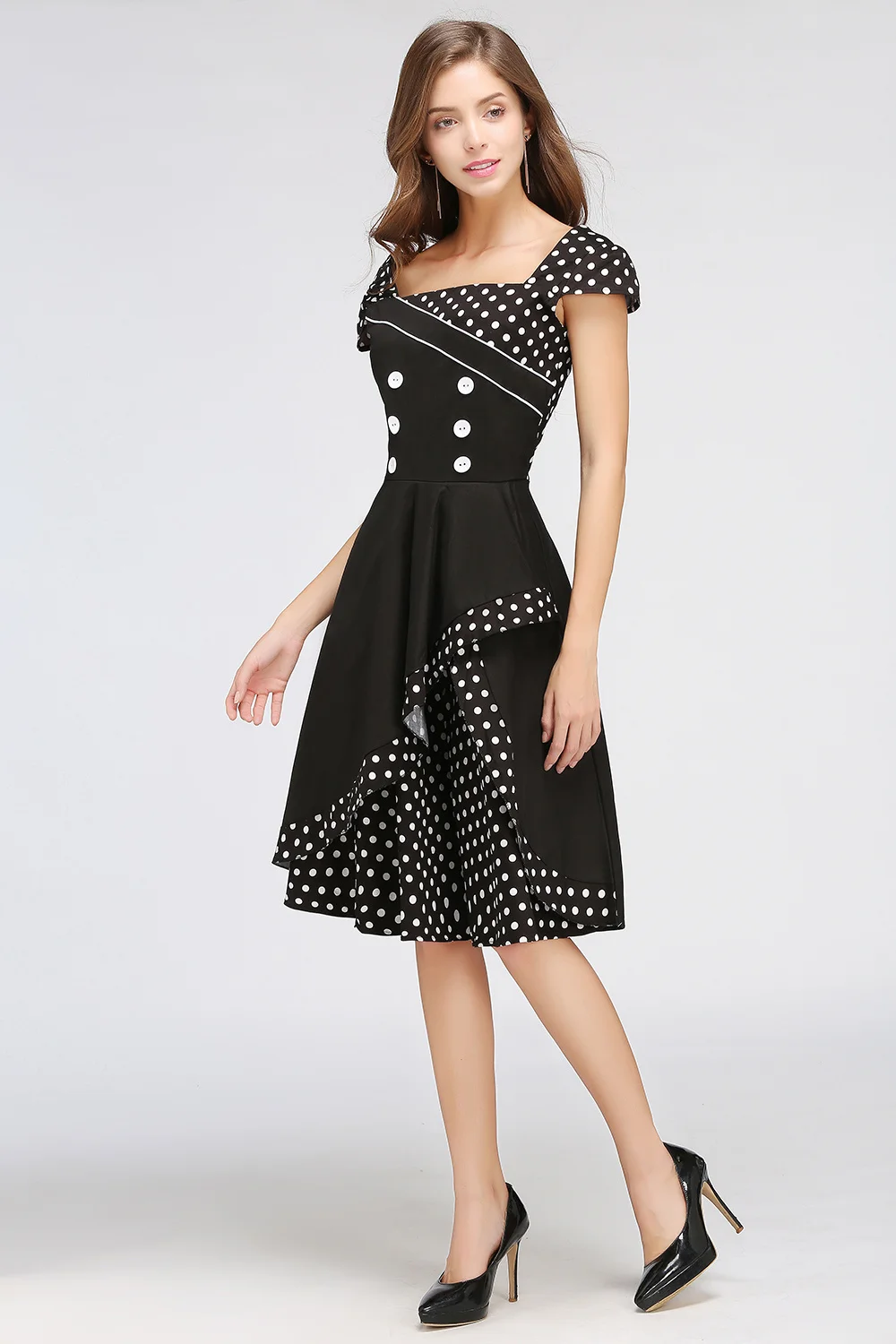 MisShow Polka Dot sukienka Vintage 50s 60s Retro dla kobiet Lolita warstwowe krótkie sukienki z guzikami Vestido Vintage