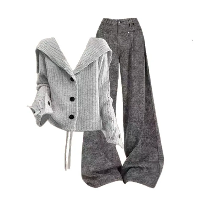

A Complete Set of Korean Fashion Design for Autumn, Long Sleeved Knitted Cardigan, High Waisted Casual Pants Two-piece Set