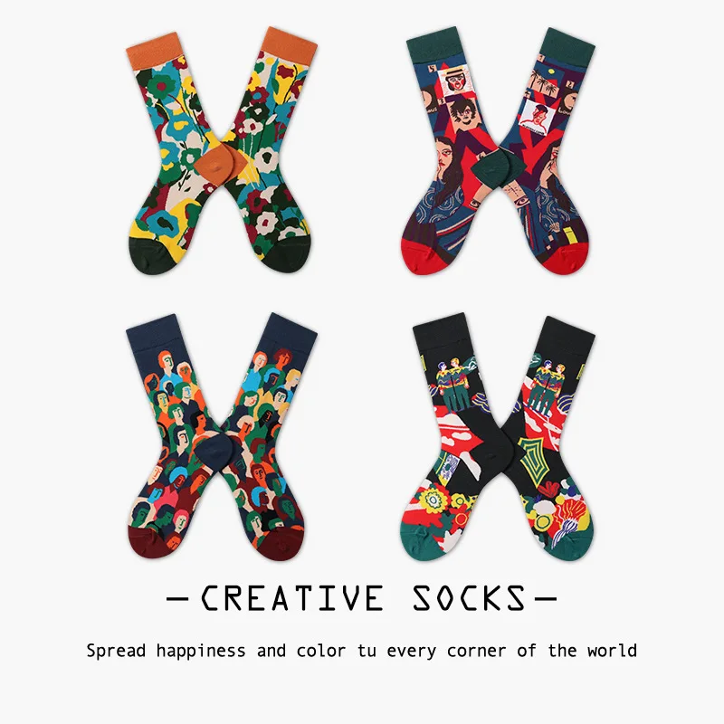 New French high-quality men and women couples in the tube jacquard cartoon socks personality trend men and women socks