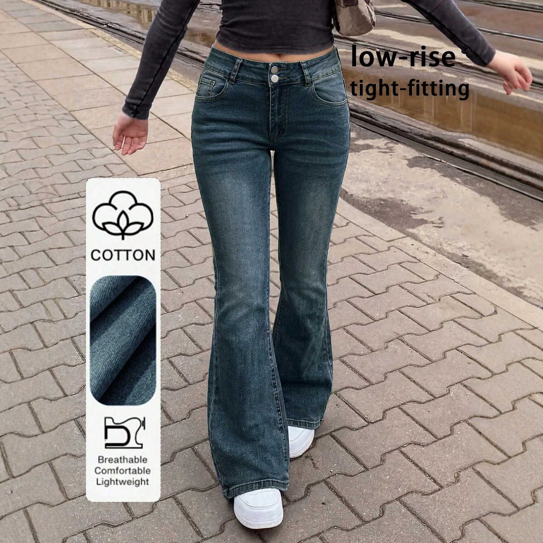 High Waist Bell Bottom Jeans Cement Grey Slim Fit Hoof Pants for Middle School Students Casual Straight Leg Jeans