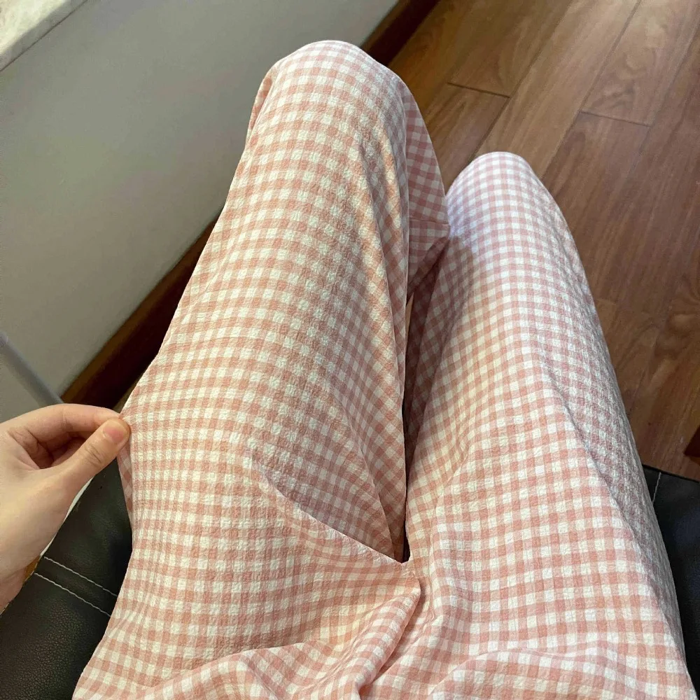 Soft Stripe Plaid Casual Pants Women Wide Leg Pajamas Girls’ Sleepwear Nightwear High Waist Sweet Trousers Spring Autumn