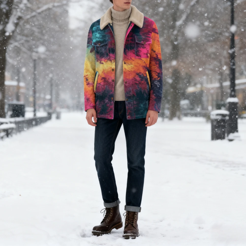Trendy Aura Gradient Watercolor Jacket Unisex Abstract Print Coat with Buttons Faux Sherpa Collar for Women & Men Outerwear