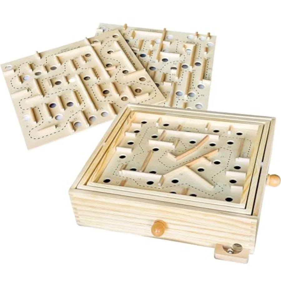 

Wooden Labyrinth Game for Age 6+ Beech Wood Natural Wood Color 3 Swappable Boards with 60/36/25 Waypoints Knob-Controlled Tilt