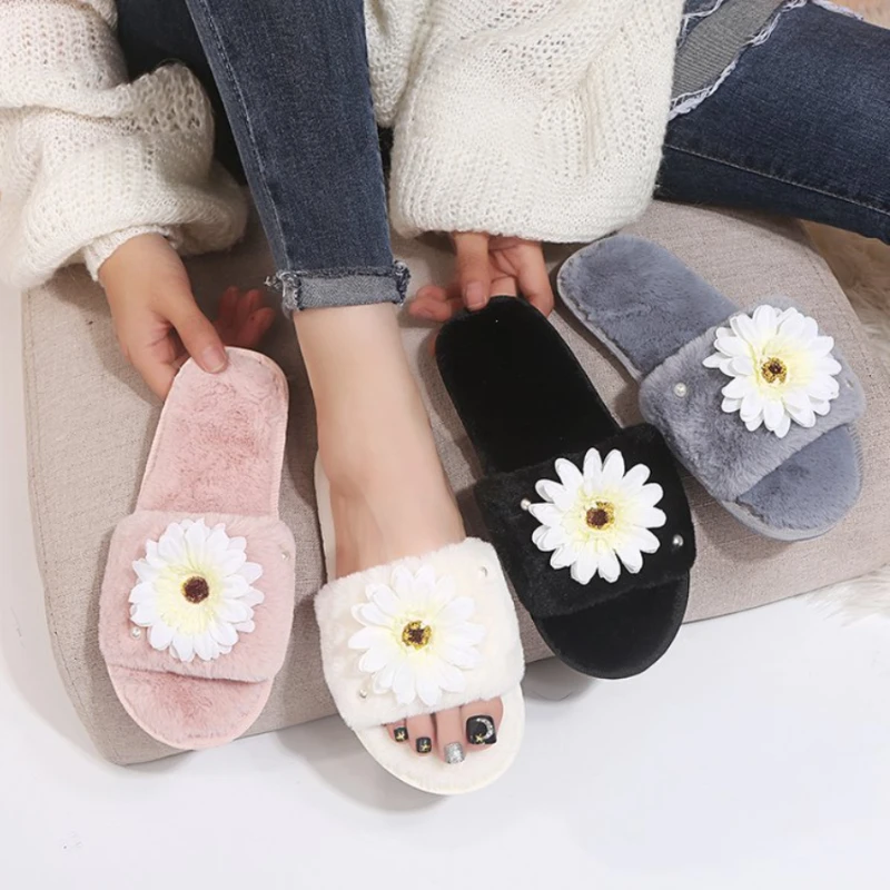 Fluffy Women Home Slides Comfort Flat Sandals Female Cute Indoor Slippers For Woman Flip Flops