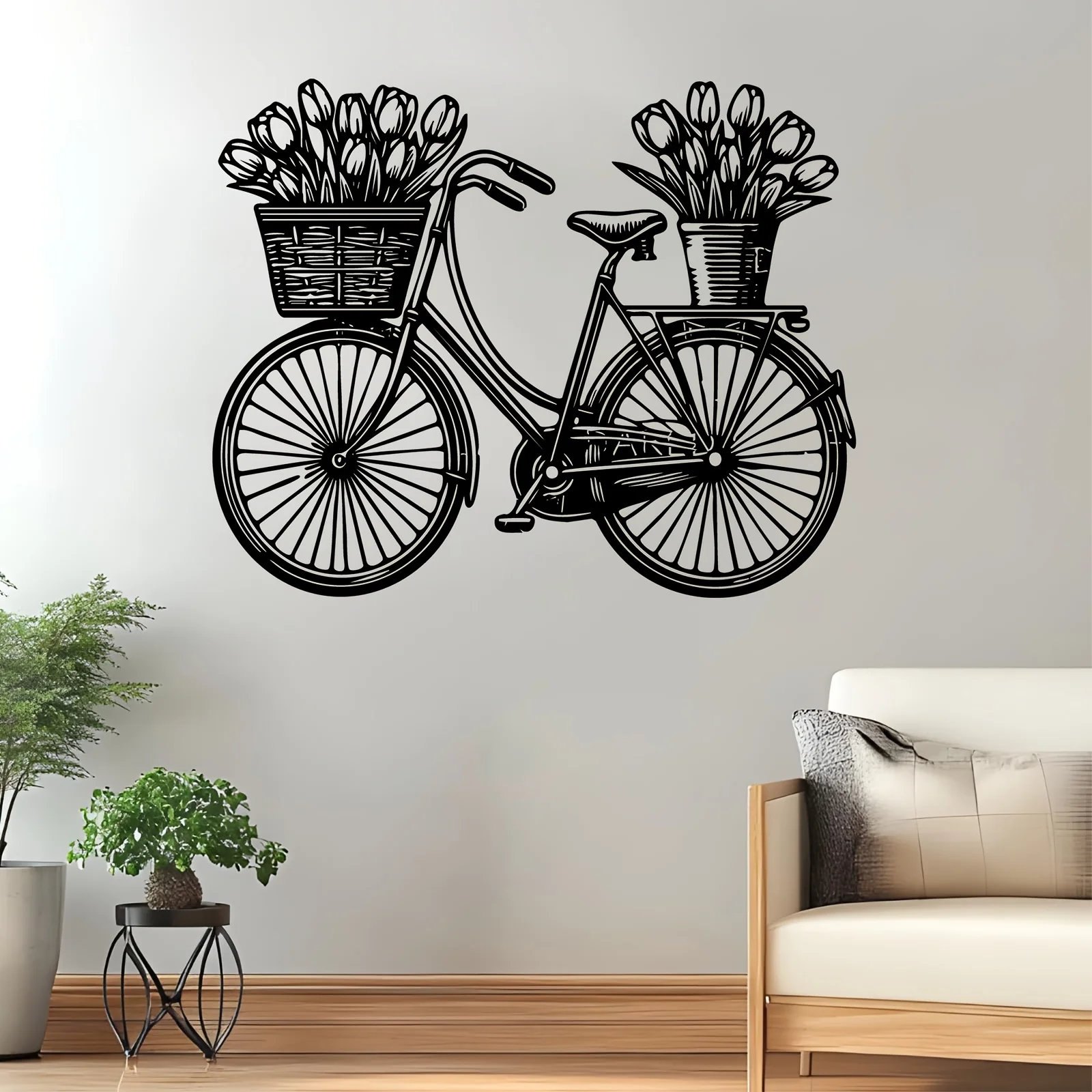Vintage Bicycle Tulip Basket Iron Metal Wall Art Weatherproof Rustproof Indoor Outdoor Easy Mount Hanging Home Garden Decor