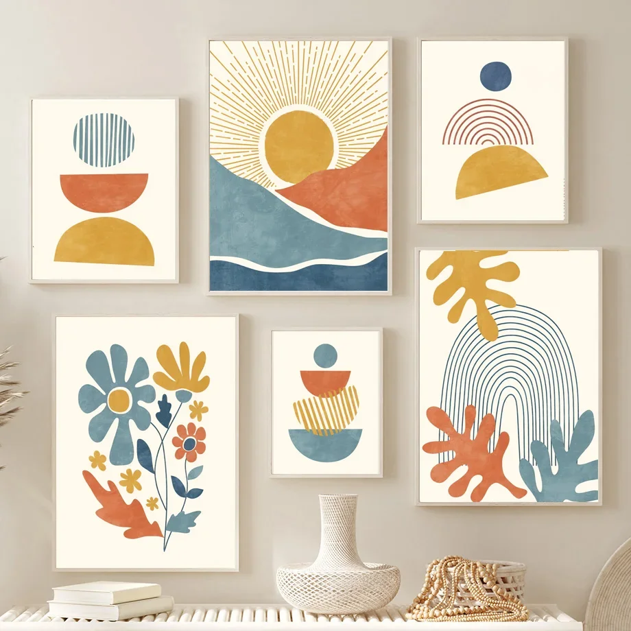 Boho Sonne Blätter Linie Regenbogen Blume Geometrie abstrakte Poster und Drucke Wand kunst Leinwand Malerei Bilder für Wohnzimmer Dekor
