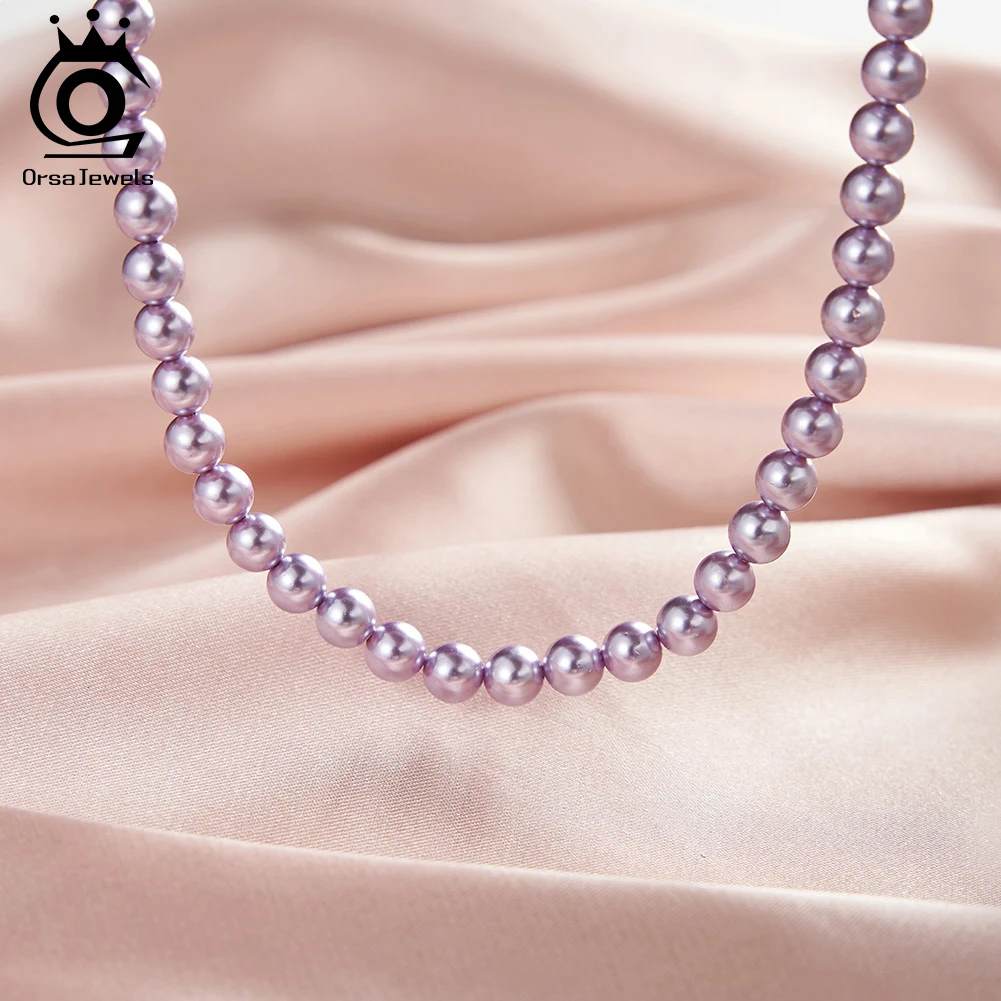 ORSA JEWEL Purple Shell Pearl Necklace 925 Sterling Silver Pearls Choker Chain Elegant Wedding Pearls Neck Chain Jewelry PSN04