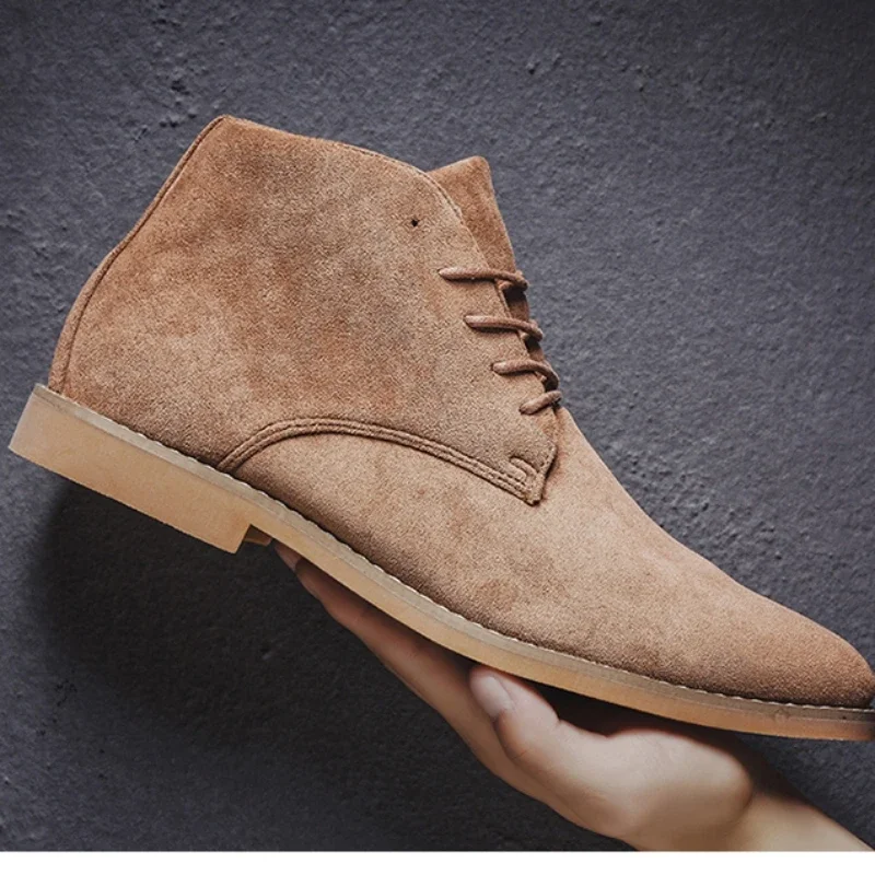 

Fashion Brown Chelsea Boots Men British Style High Top Suede Leather Shoes For Men Lace-up Pointed Toe Design Men's Ankle Boot