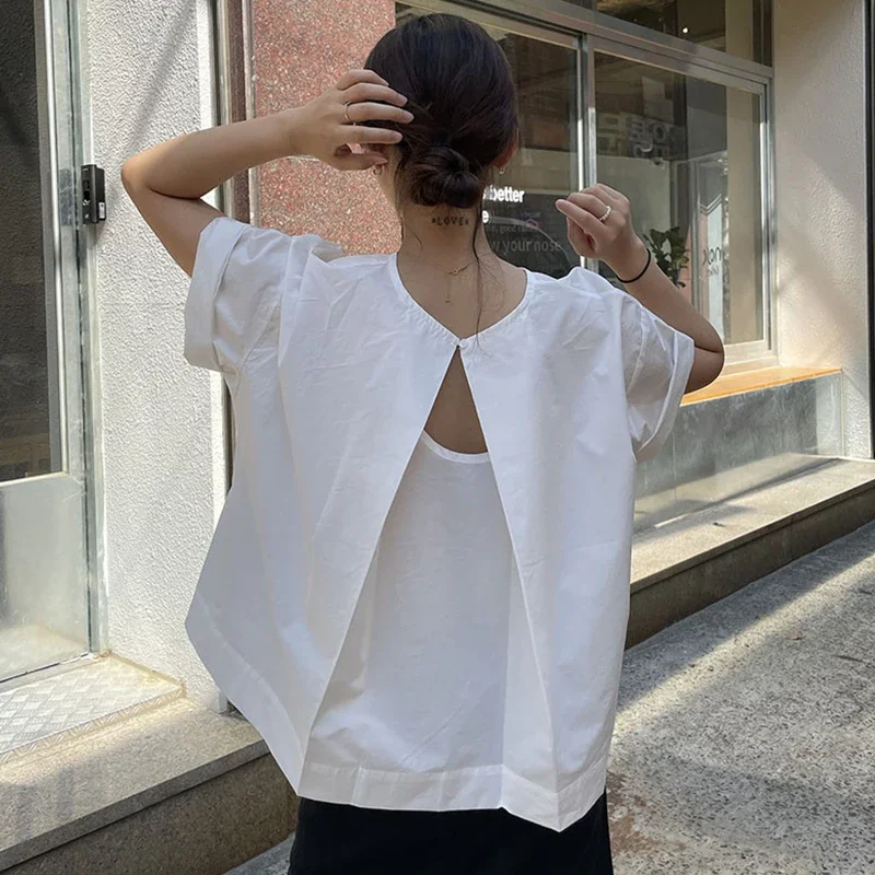 French Style Casual Open Back Hollow Out Design Shirt Loose All Match O-neck Summer Tops Korean Fashion Backless Ruched Blusas