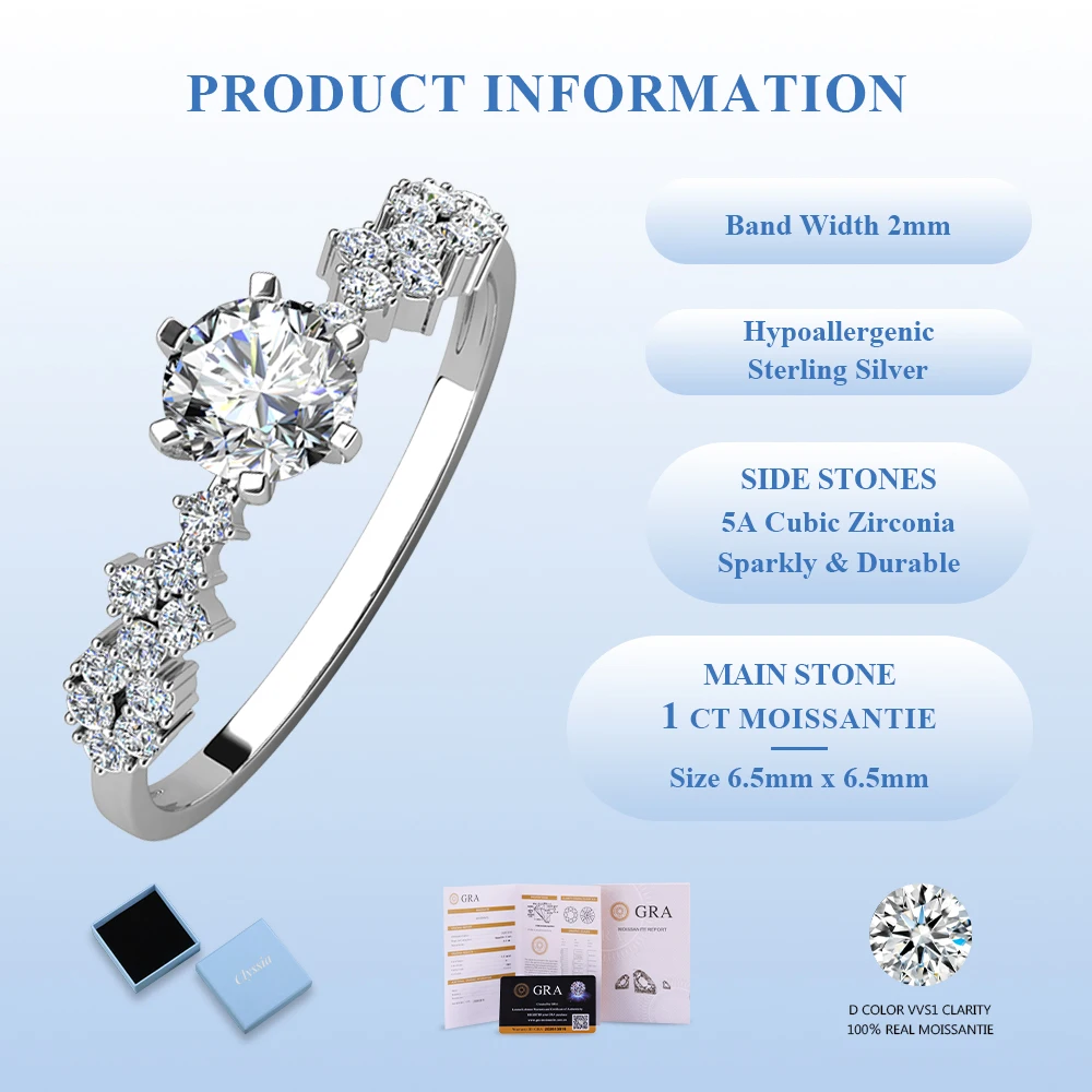 

CLYSSIA Bride Jewelry 925 Sterling Silver Ring 18k White Gold Plated with Moissanite Lab Grown Diamonds Timeless Design