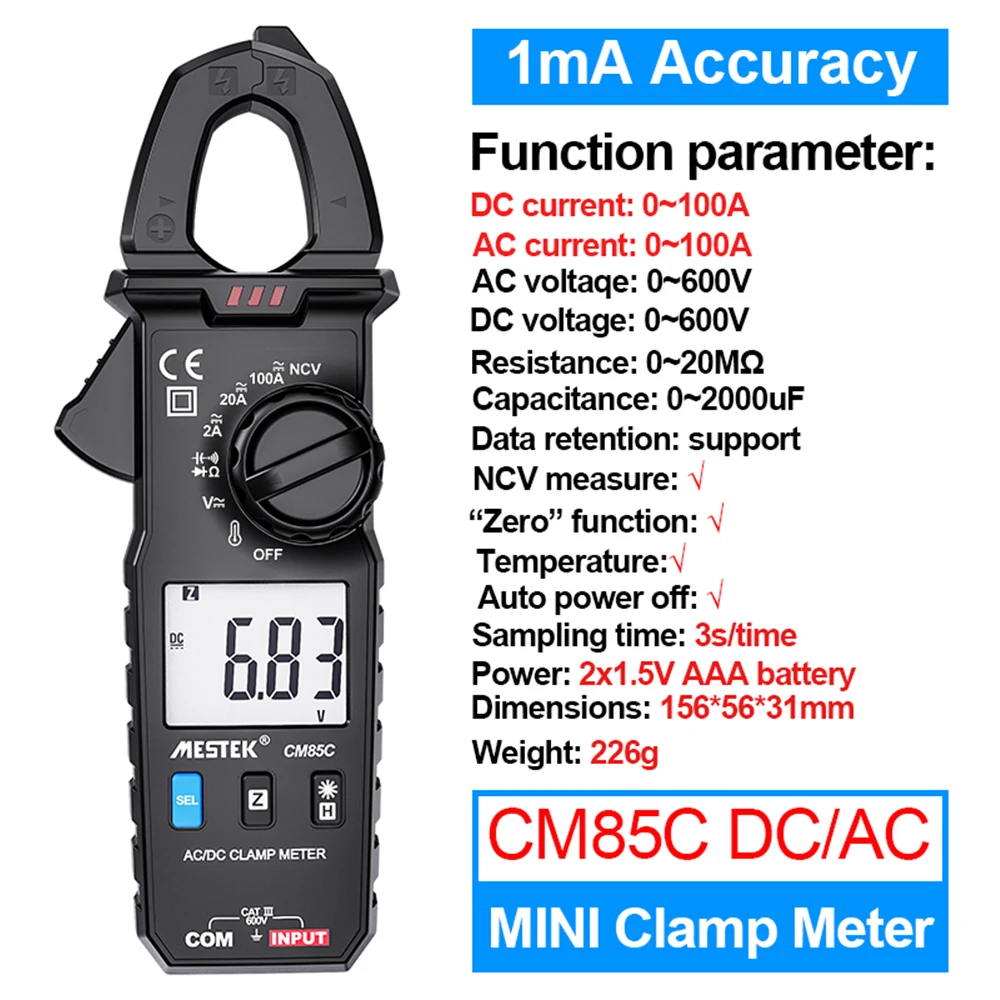 MESTEK CM85C Voltage Voltmeter 100A Ammeter DC Current Clamp Meters Meter 1mA Accuracy Mini Digital AC DC Current Digital Clamp