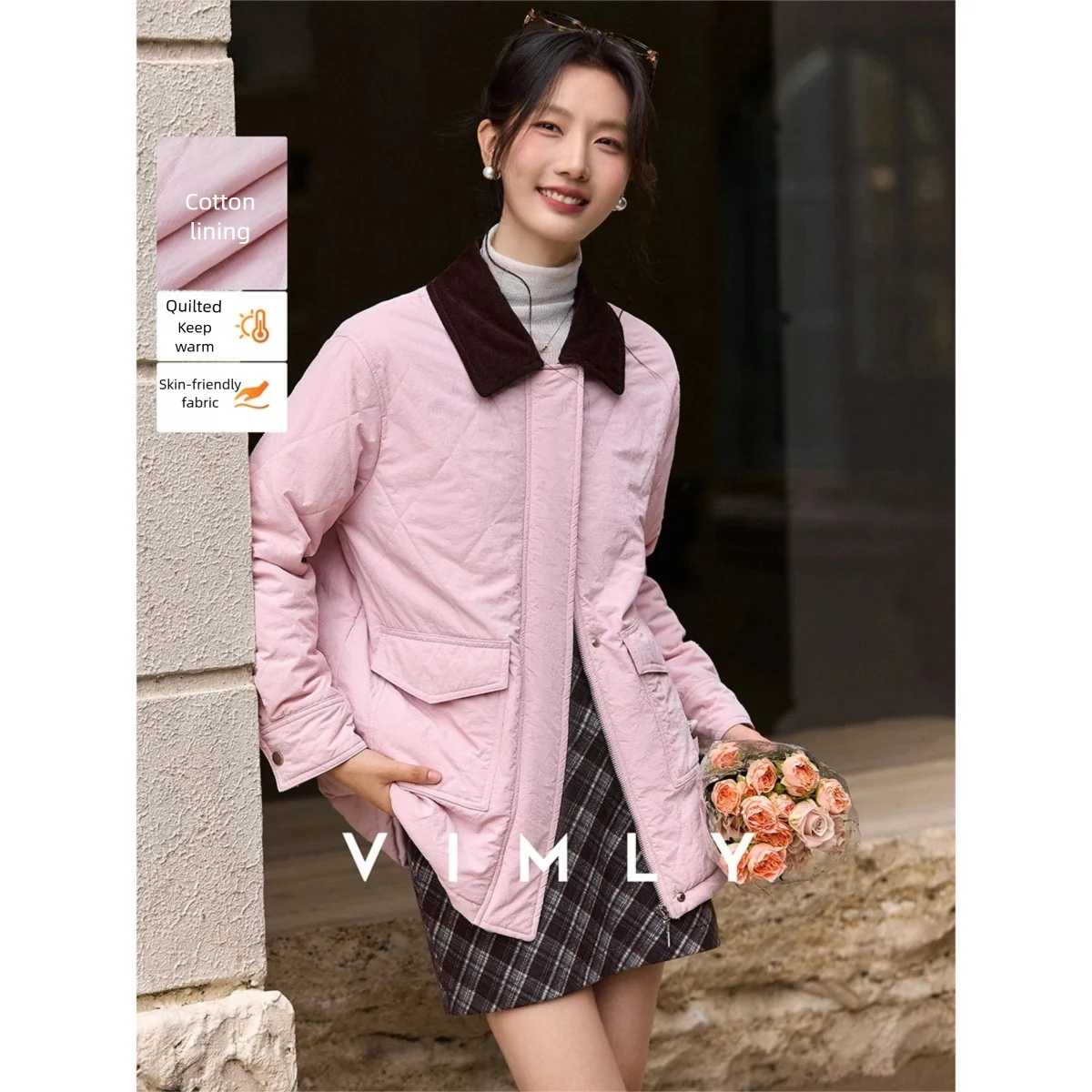 

VIMLY модная верхняя одежда для женщин 2025 с воротником с лацканами контрастного цвета, утепленная парка с подкладкой, свободная женская зимняя куртка A3776