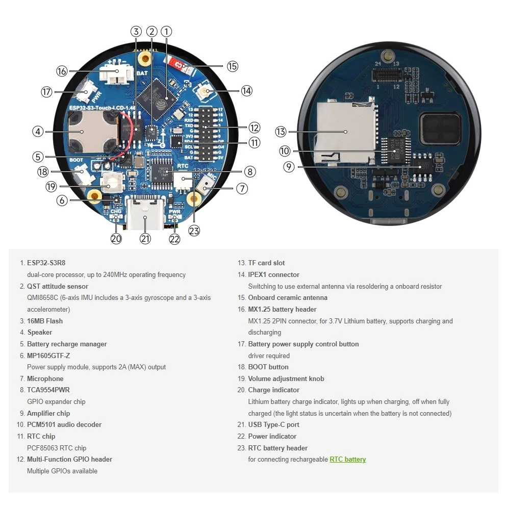 Placa de desenvolvimento de display redondo ESP32S3 de 1,46 polegadas, suporta WiFi/BLE, acelerômetro e sensor giroscópio, alto-falante e microfone