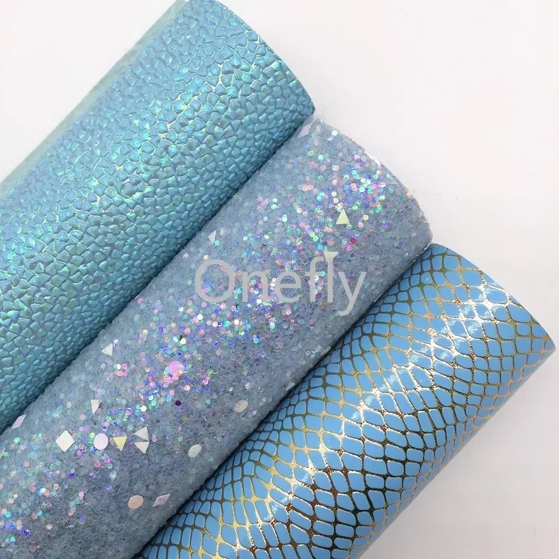 Onefly 21X29CM Blue Chunky Glitter Fabirc, Embossed Synthetic Leather Fabric Sheets For Bow DIY  handbags shoes  AQ046