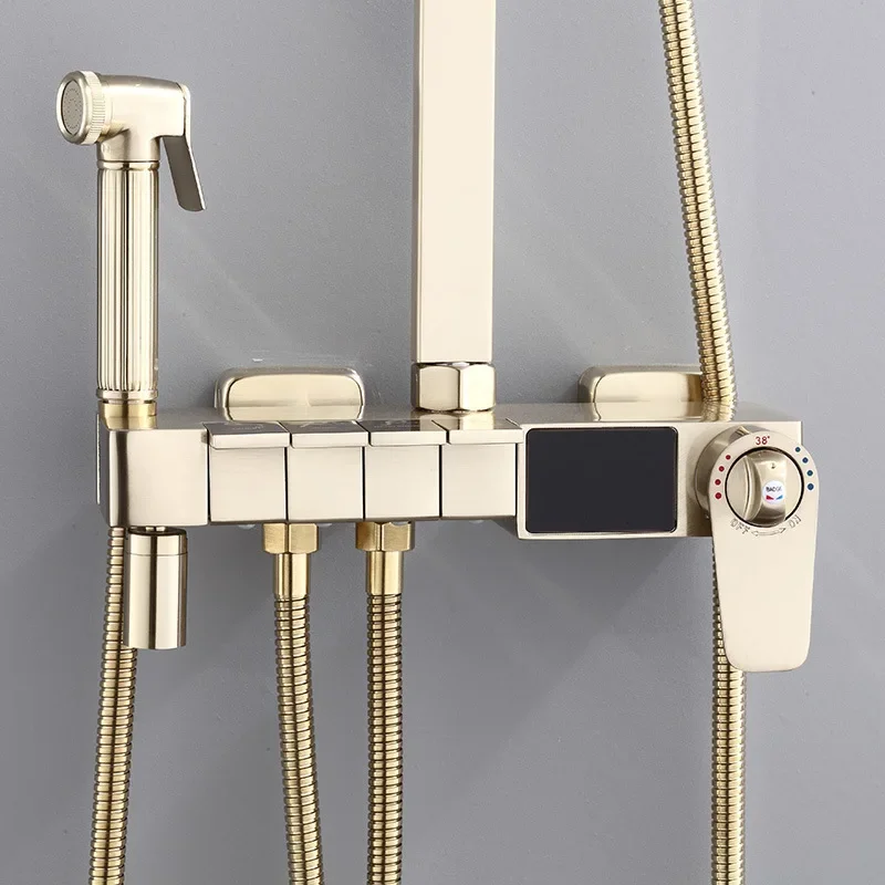 

Brushed Gold Digital Bathroom Shower System of Stainless Steel Shower Head Brass Bathroom Tap Piano Digital Bathroom Shower Set