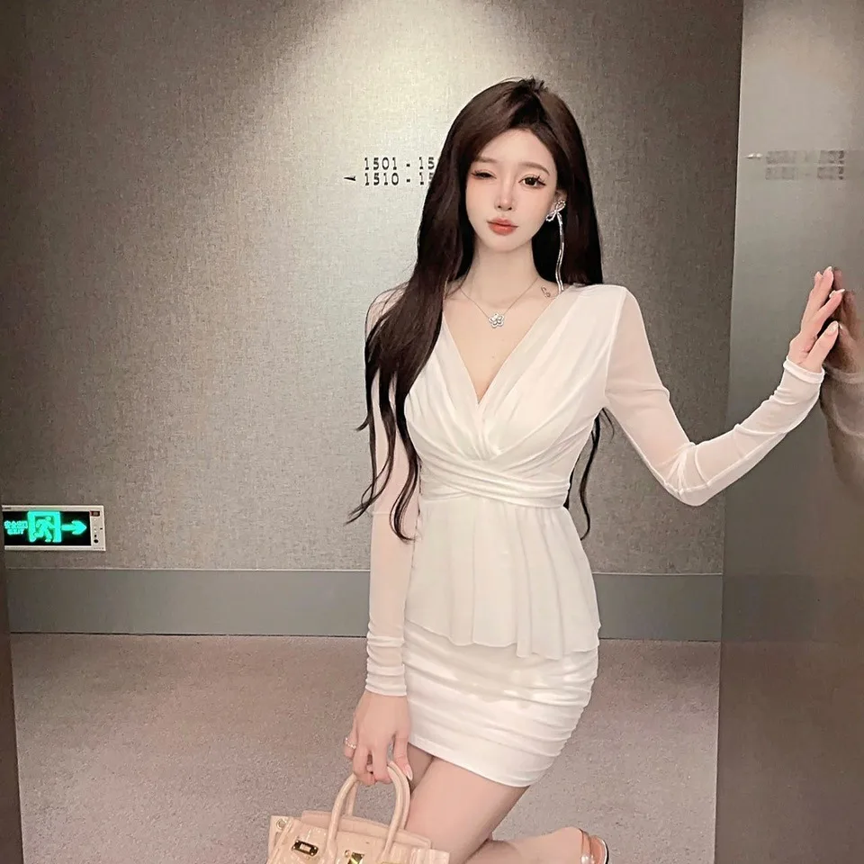 Sexy v-ne longo sve cintura-cinch bodycon ort dr feminino novo sle outono faion única camada de base saia