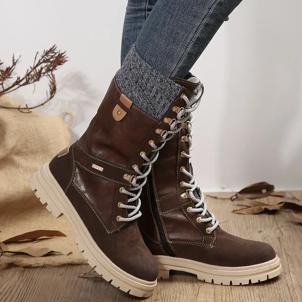 Retro Women Boots Winter Boots for Women Lace Up Mid Calf Boots Woman Round Toe Platform Boot Female  Knight