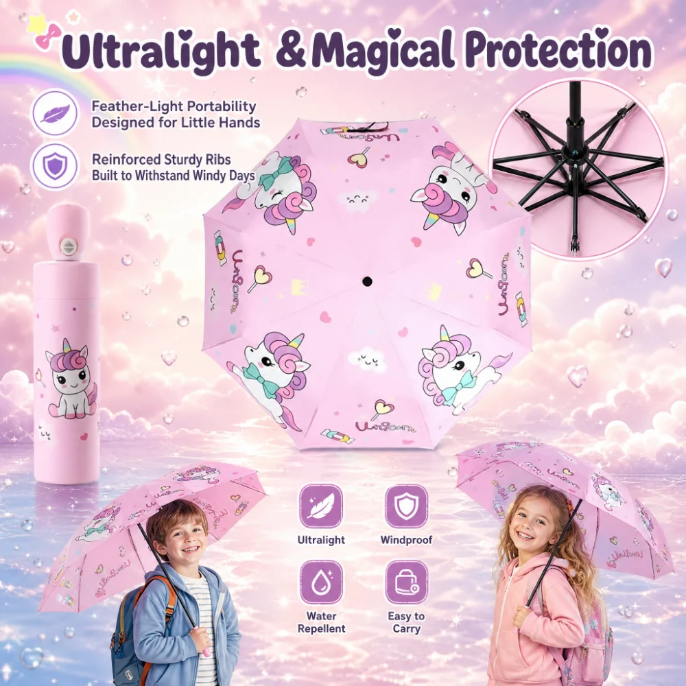 Unicorn Auto Folding Kids Umbrella, Portable Durable Built-in Sun Protection, Auto Open/Close Lightweight for Boys & Girls