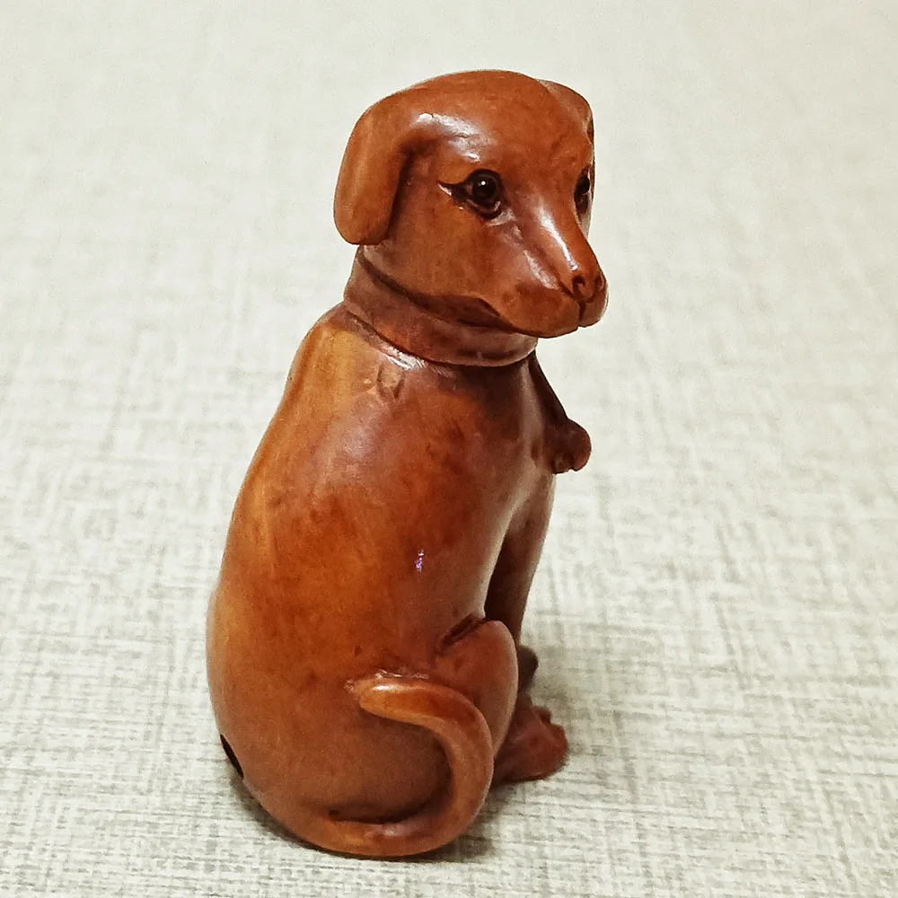 Y102, 20 Years Old 2 INCH Japanese Boxwood Hand Carved Netsuke Sculpture Miniature : Lovely Dog