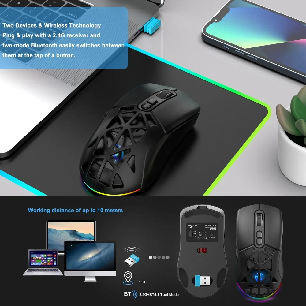 T26 Dual Mode Wireless Gaming Mouse 2.4G BT5.1 RGB Hollow 4800DPI Ergonomic Detachable Cover Optical Mice For Laptop PC Gamer