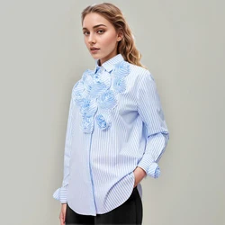 Patchwork Appliques Loose Casual Shirt For Women Lapel Long Sleeve Spliced Single Breasted Minimalist Blouse Female Fashion