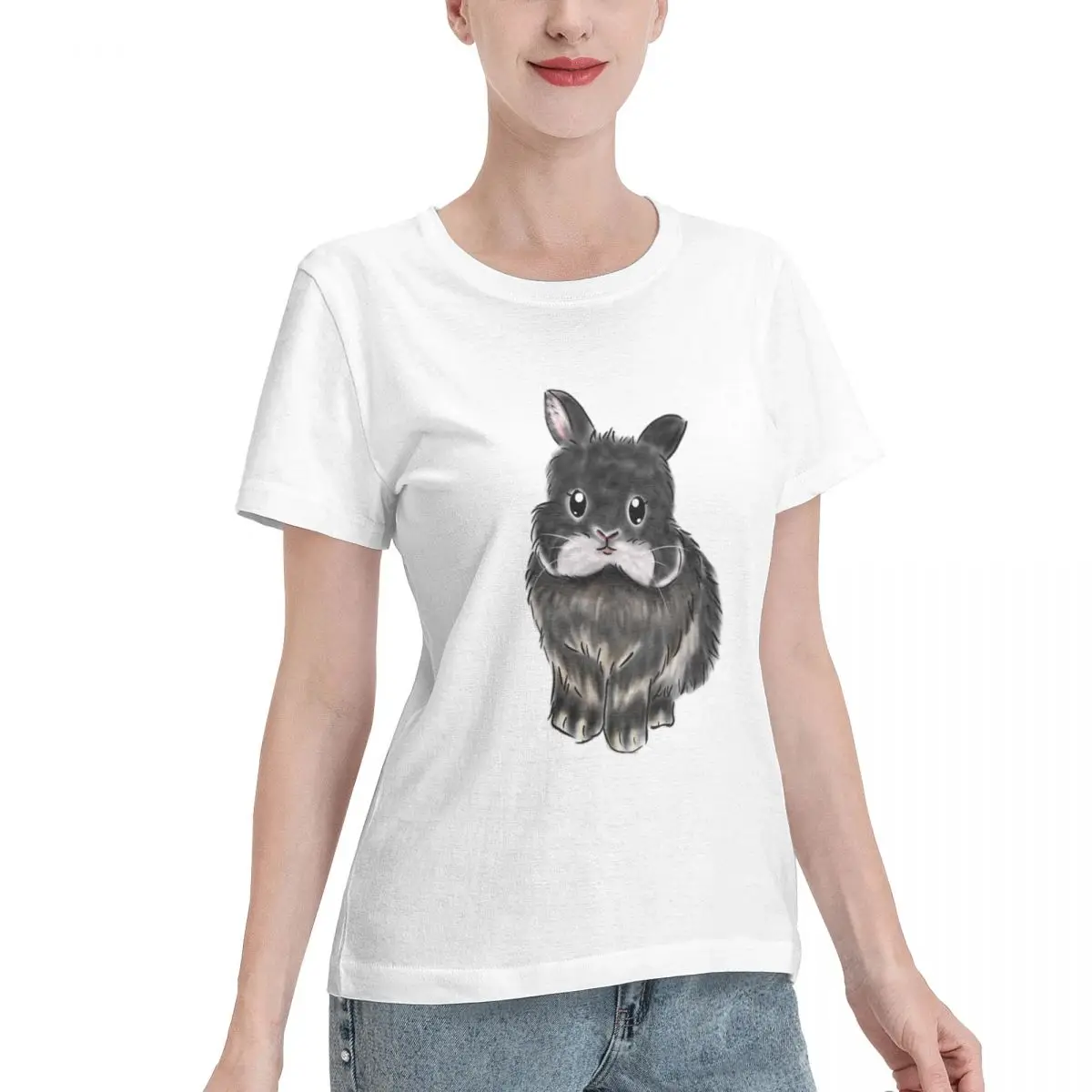 No Shrink Fluffy Furry Black Rabbit Bunniesmee Women's T-shirt Luxury Soft Skin Friendly Top