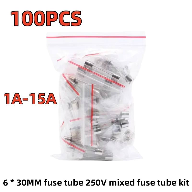 100PCS 10values * 10PCS 6 * 30MM fuse tube 250V mixed fuse tube kit 1A-15A  1A 2A 3A 4A 5A 6A 7A 8A 10A 15A ﻿