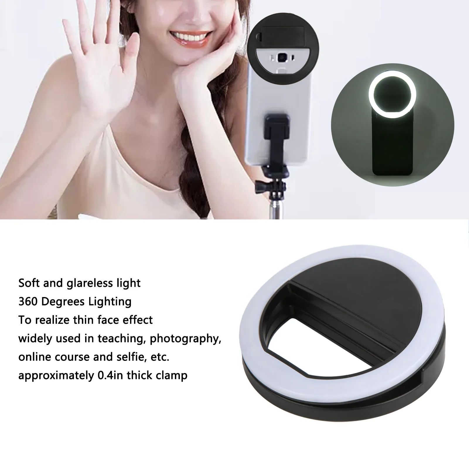 Anel de luz para selfie zk50, iluminação de 360 graus, luz suave sem fio, braçadeira grossa de 0,4 polegadas, amplamente utilizado, mini anel de luz para transmissão ao vivo