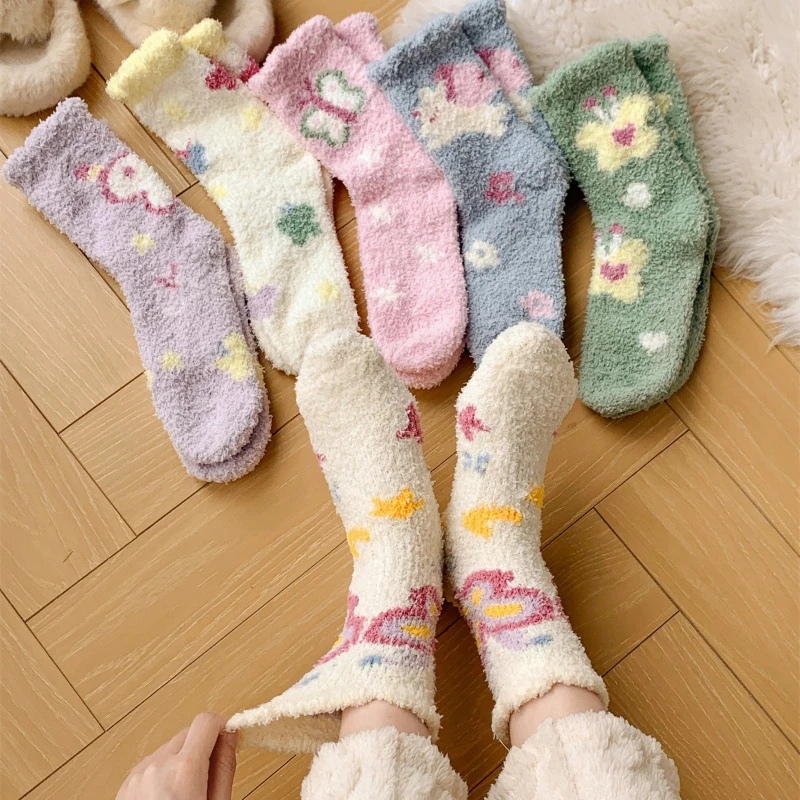 

6 pairs of autumn winter plus plush thick women's socks cute at home plush simple comfortable cartoon socks in the middle tube