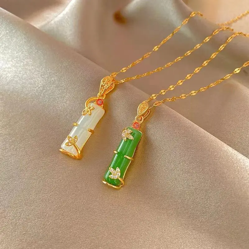 

Chinese style titanium steel necklace for women, non-fading, fashionable and versatile, jade bamboo pendant, accessible luxury niche clavicle chain, high-end feel