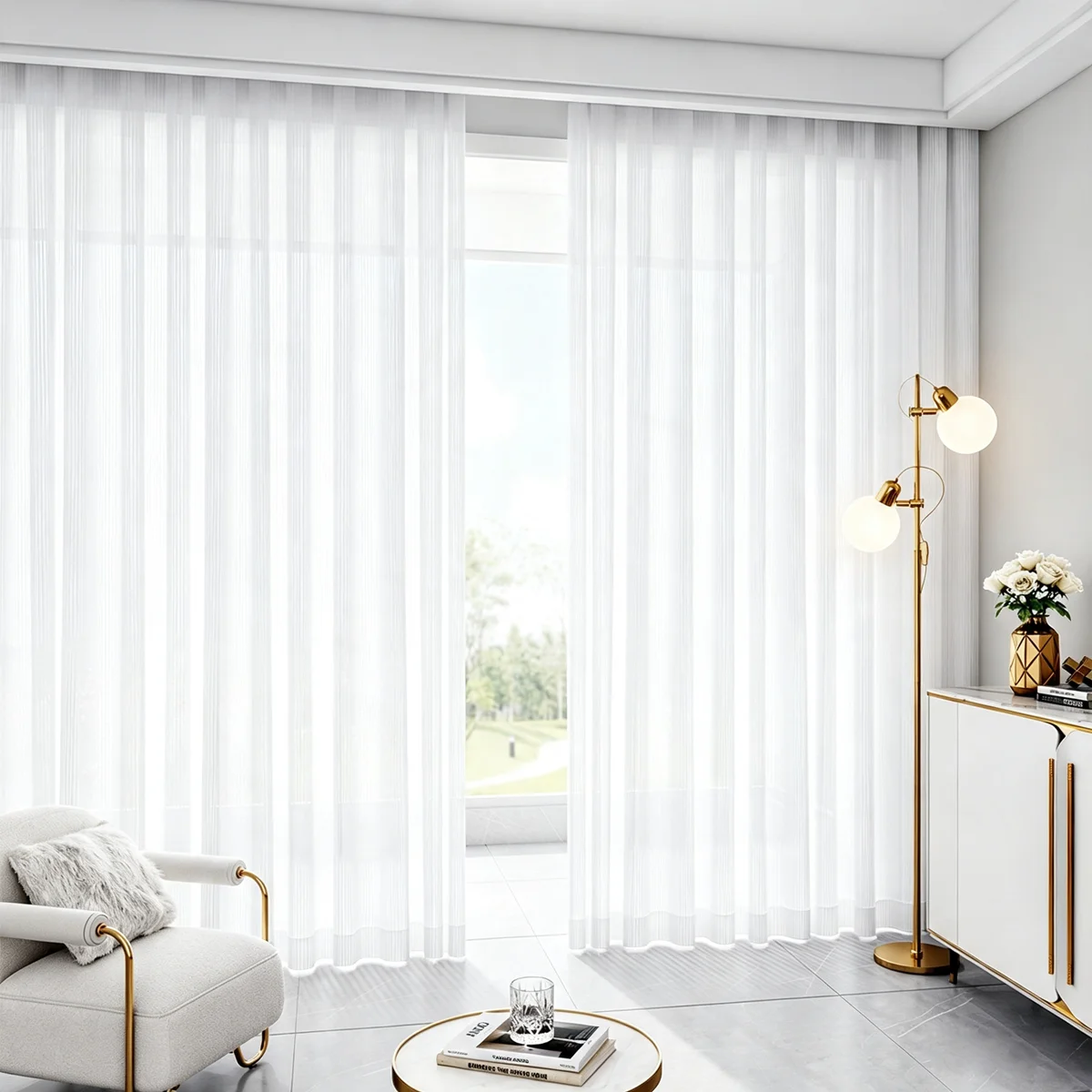 White Vertical Ribbed Sheer Curtains 2 Panels, Four Prong Hook Top, Light Filtering Window Voile for Home Bedroom Decor